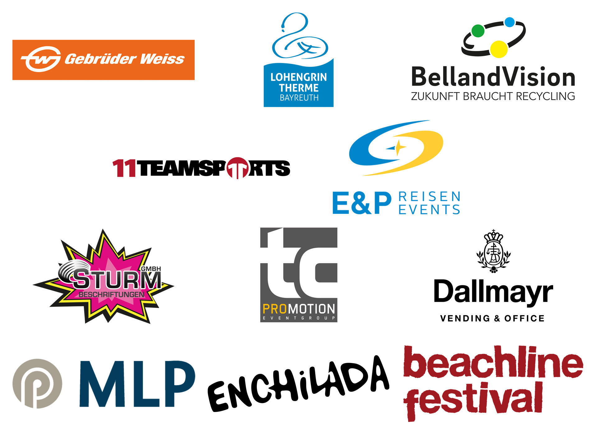 Logos der Event-Partner Gebrüder Weiss, Lohengrin-Therme, BellandVision, 11Teamsports, E&P Reisen, Sturm Beschriftungen, MLP, TC Promotion und Beachline Festival